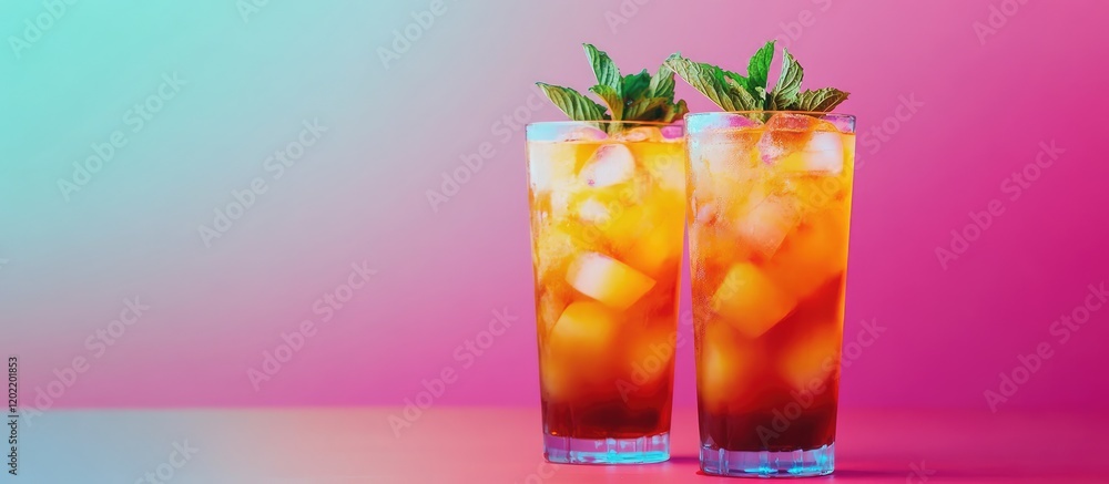 Aufkleber Two refreshing cocktails with ice and mint leaves on a colorful gradient background with Copy Space.