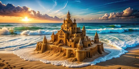 Naklejka premium Majestic wave, captured by drone, crashes down, destroying a sunlit beach sandcastle.