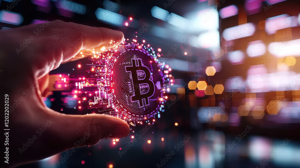 Poster hand holding digital bitcoin surrounded by colorful particles and lights, symbolizing advanced techn