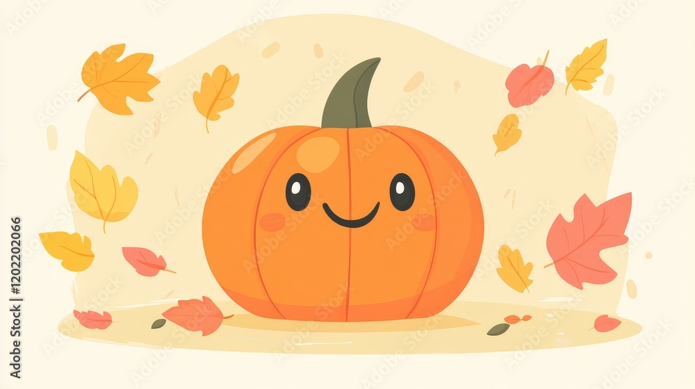Poster cute cartoon pumpkin character surrounded by falling autumn leaves on a light background with copy s