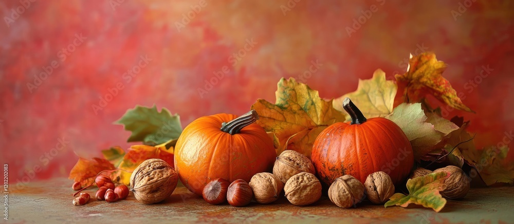 Poster autumn arrangement of pumpkins walnuts and colorful leaves on rustic wooden background with copy spa