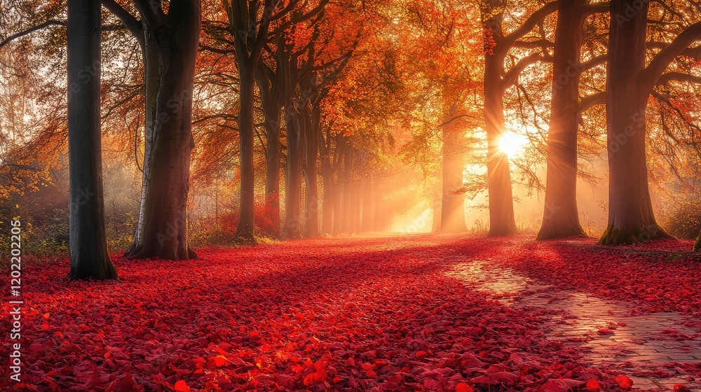 Poster autumn forest pathway with colorful foliage and sun rays shining through trees in morning light copy