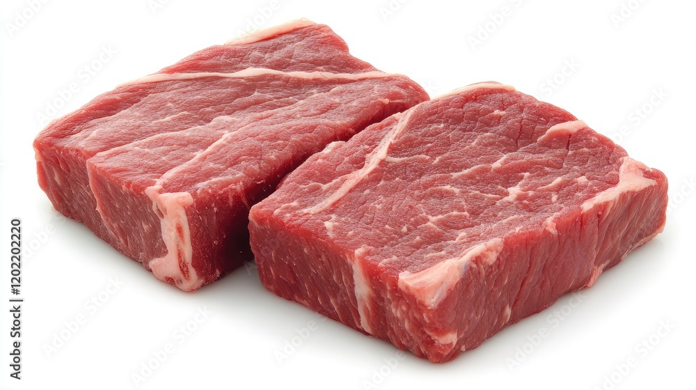 Poster raw beef cuts on a white background with copy space for text insertion