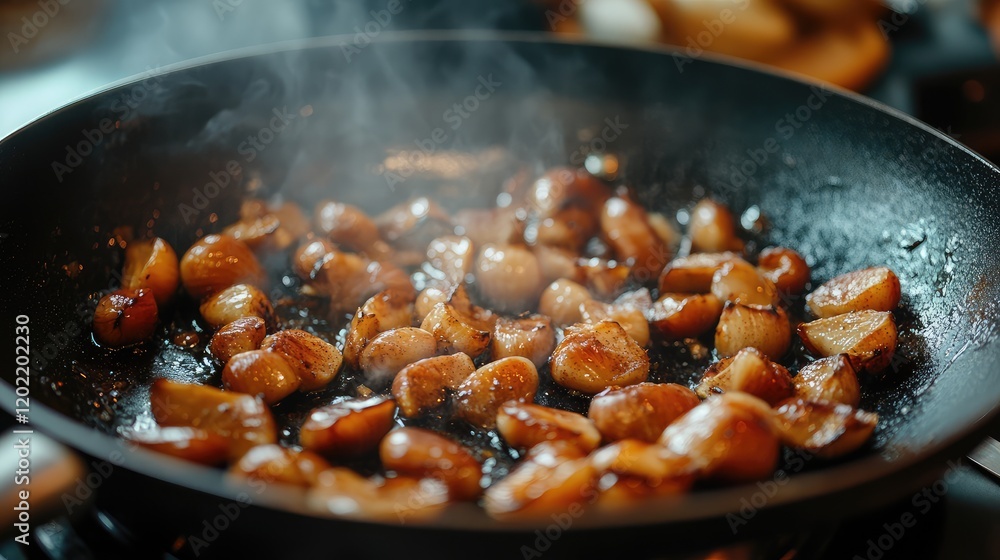 Poster sautã©ed onions in a frying pan with steam rising and a rich brown color, copy space available for t