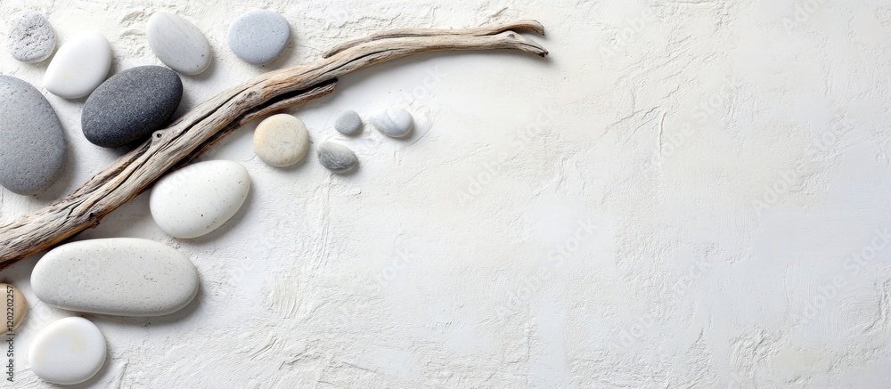 Poster decorative composition of smooth pebbles and driftwood on textured light background with ample copy 