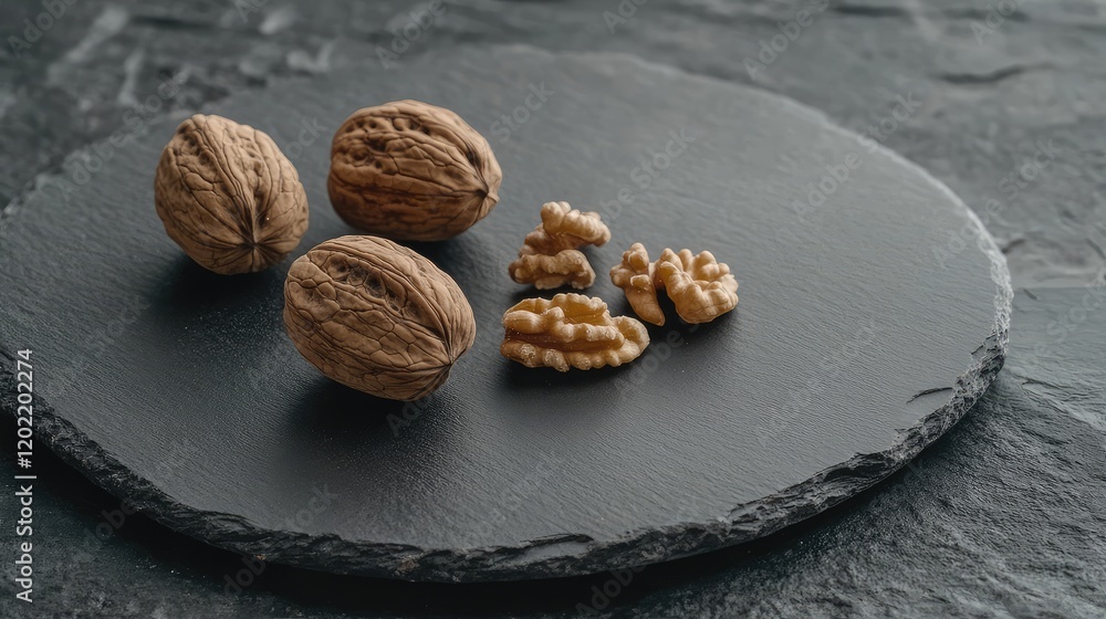 Aufkleber Walnuts in shell and shelled pieces on dark slate plate with textured background Copy Space
