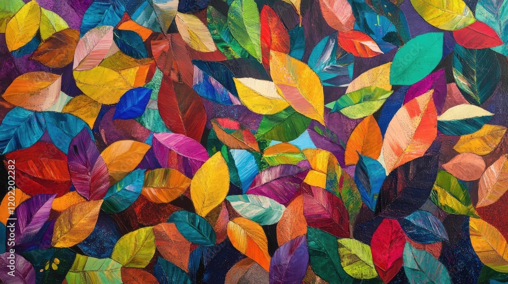Poster Colorful abstract artwork featuring a variety of leaves in multiple hues on a dark background with Copy Space for text placement.