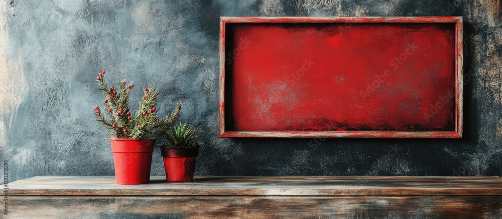 Poster red rectangular frame on textured wall with potted plants on wooden table and ample copy space for t