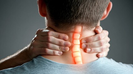 Person massaging painful neck area with glowing red inflammation visualization showing spine and vertebrae, concept of chronic pain and medical treatment for neck injury