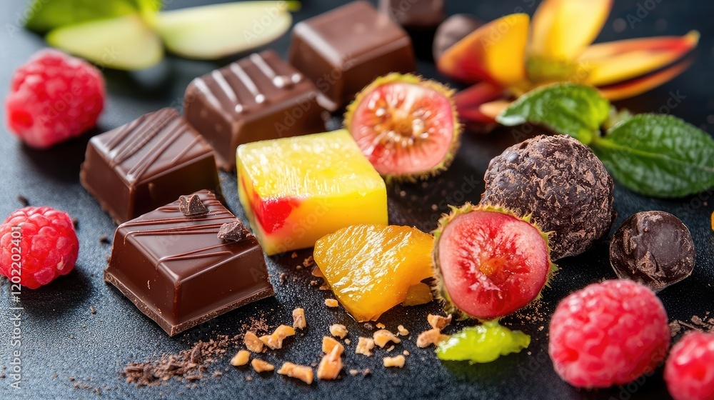 Poster assorted gourmet chocolates and fresh fruits with colorful garnishes on a dark background with copy 