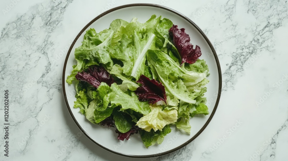 Aufkleber fresh mixed green salad with various lettuce types on a white plate over a marble countertop, copy s