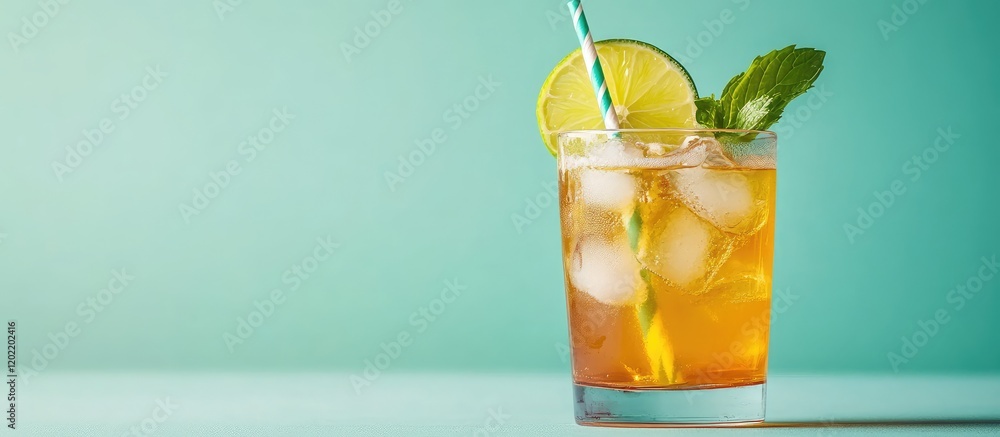 Poster fresh iced tea with lemon and mint in a glass with ice cubes on a turquoise background copy space