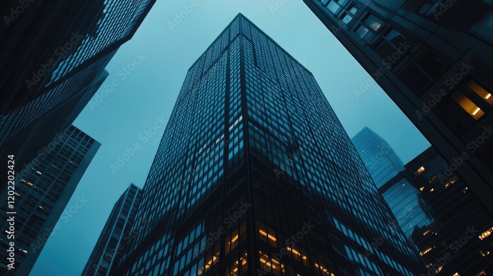 Poster Abstract view of modern skyscrapers against a cloudy sky featuring reflections and illuminated windows with Copy Space.