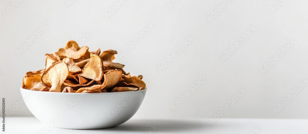 Aufkleber bowl of crispy apple chips on a white background with ample copy space for text placement