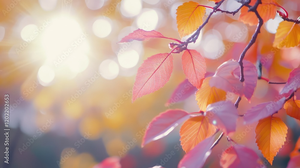 Poster Autumn leaves with vibrant colors in sunlight creating a bokeh effect and soft focus background Copy Space