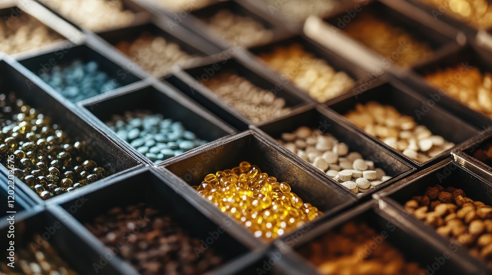 Poster assorted colorful beads and gemstones organized in wooden trays with copy space for text