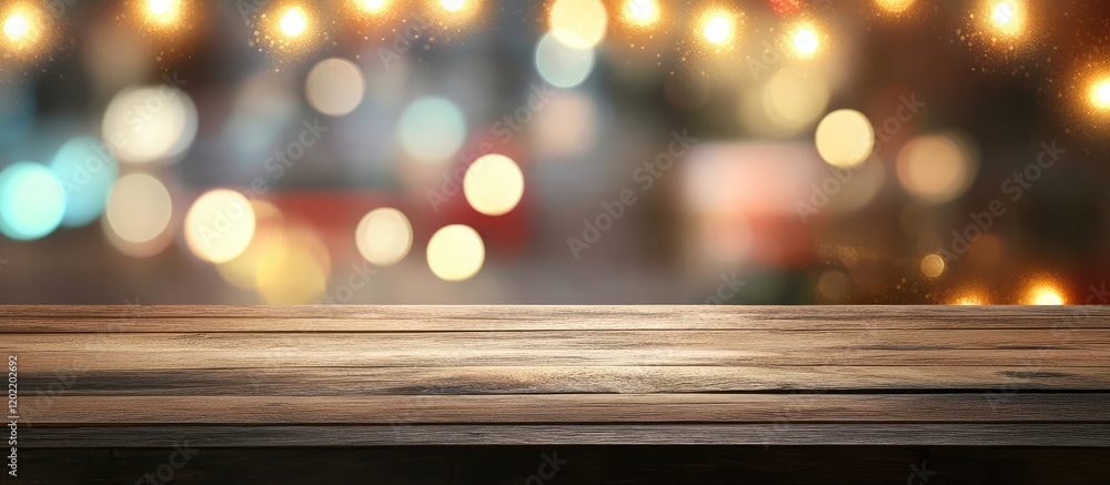 Poster blurred bokeh lights background with wooden tabletop and copy space for text or product display