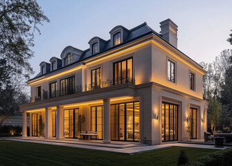 Fototapeta premium Maison de luxe élégante à trois étages avec design architectural français, grandes fenêtres vitrées, façade éclairée et jardin paysager au crépuscule