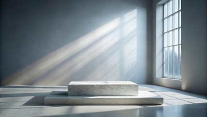 Obraz premium Minimalist product photography: empty stone podium bathed in sunlight, light rays accentuate the modern, clean aesthetic.