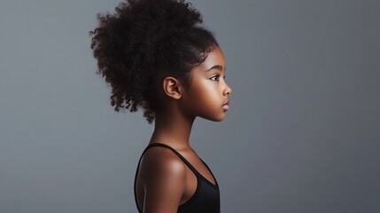 Side profile portrait of a young dancer with natural curly hair against grey background, wearing black leotard. Elegant pose captures strength and grace in studio lighting.