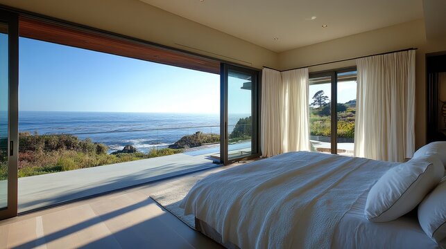 Modern beachfront bedroom with large windows overlooking ocean view and natural light Copy Space