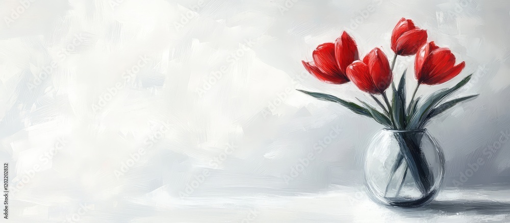 Poster red tulips in a glass vase on a light textured background with copy space for text