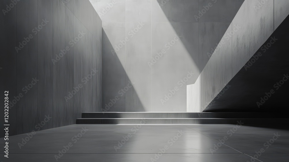 Poster abstract architectural interior with light beams creating dynamic shadows on concrete surfaces and s