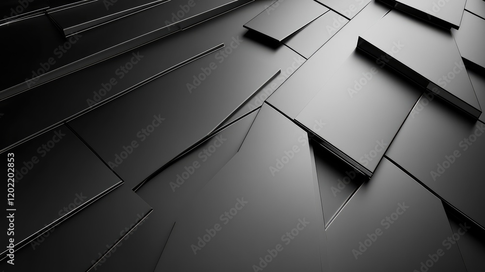Poster Black geometric textured surface with layered panels and sharp angles Copy Space