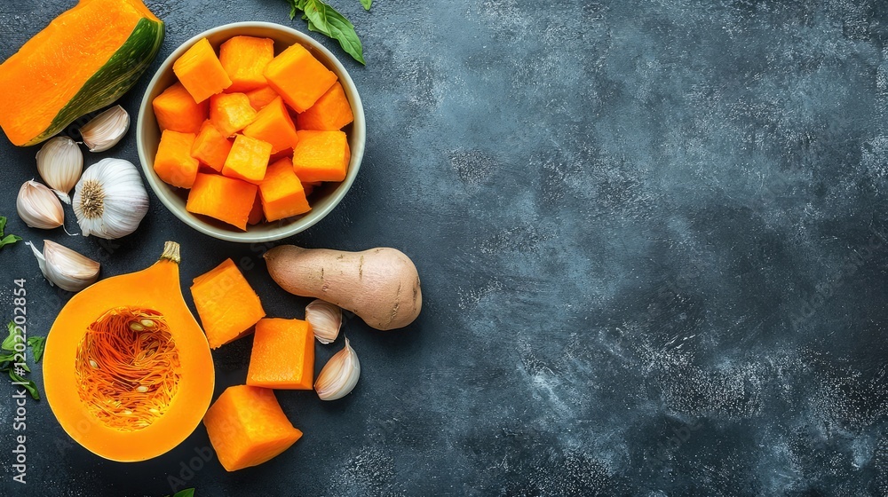 Poster fresh cut butternut squash and garlic cloves on dark stone background with copy space for text