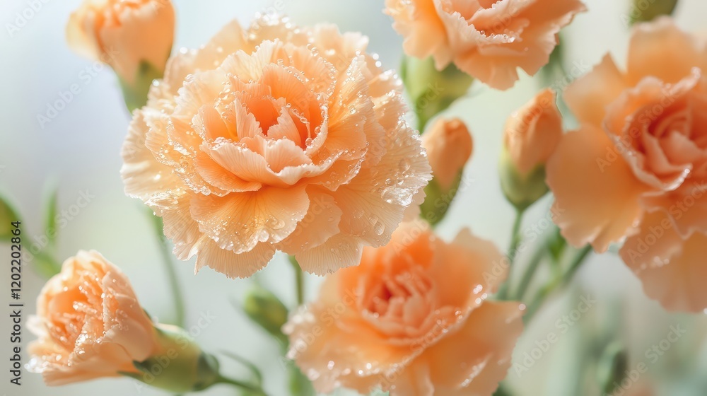 Poster peach colored carnation flowers with water droplets in soft focus background and copy space for text