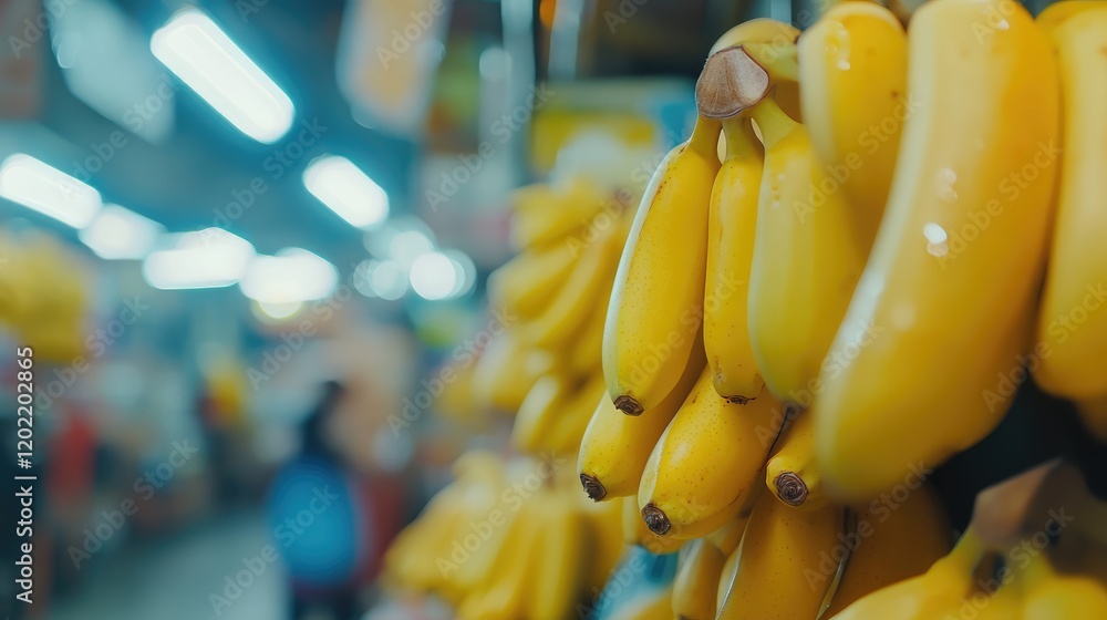 Poster fresh ripe bananas hanging in a market with blurred background and copy space for text
