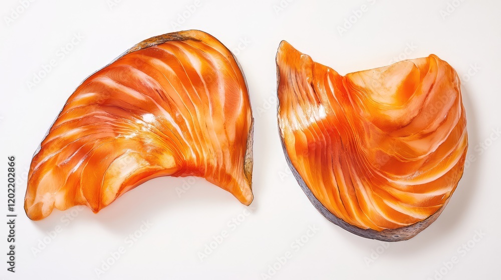 Poster beautiful close-up view of two orange seashells on a white background with ample copy space for text