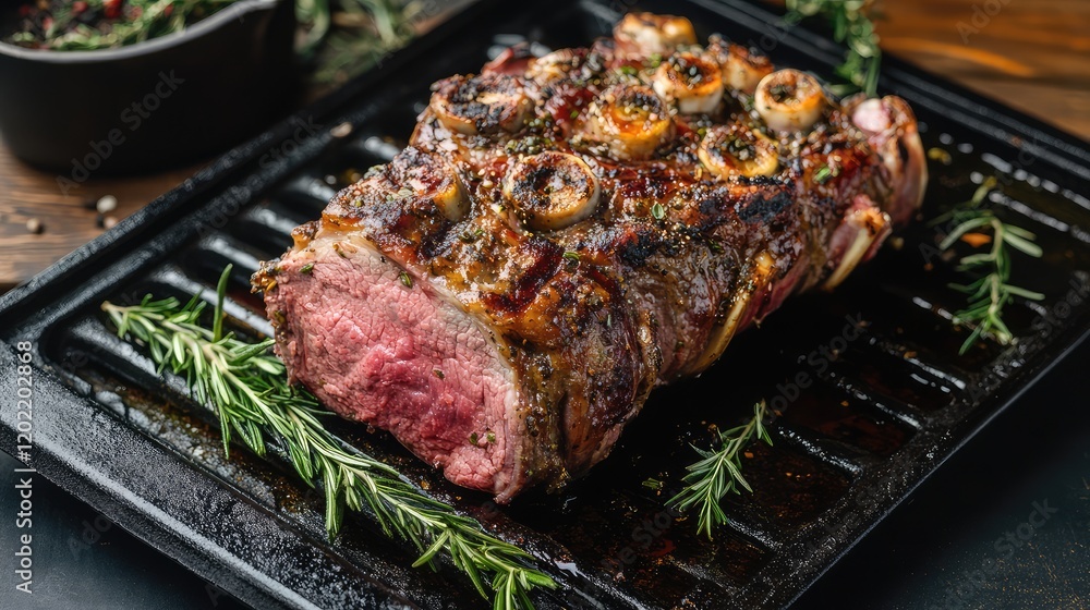 Poster roasted beef ribeye joint garnished with herbs on a black roasting tray with copy space for text