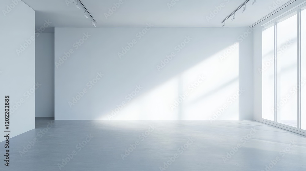 Poster spacious empty room with large windows and natural light creating shadows on the floor copy space
