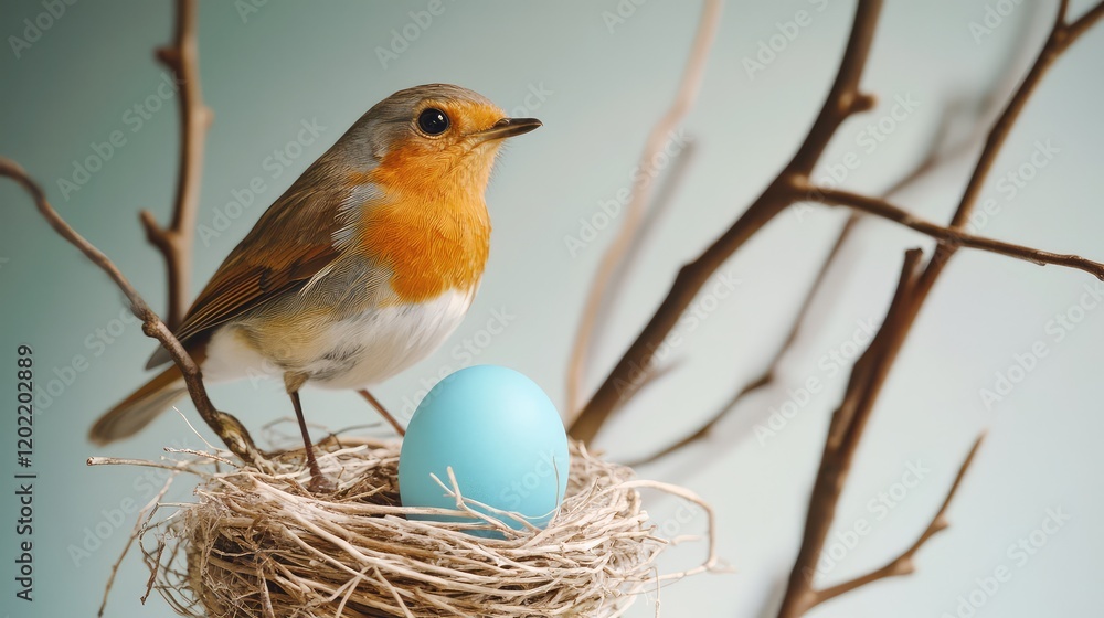 Poster Bird sitting in a nest with a blue egg on a branch against a soft background Copy Space