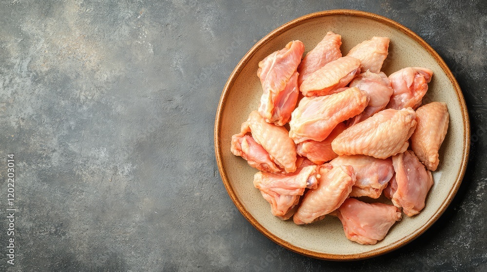 Poster raw chicken wings arranged on a round plate with grey textured background and copy space for text pl