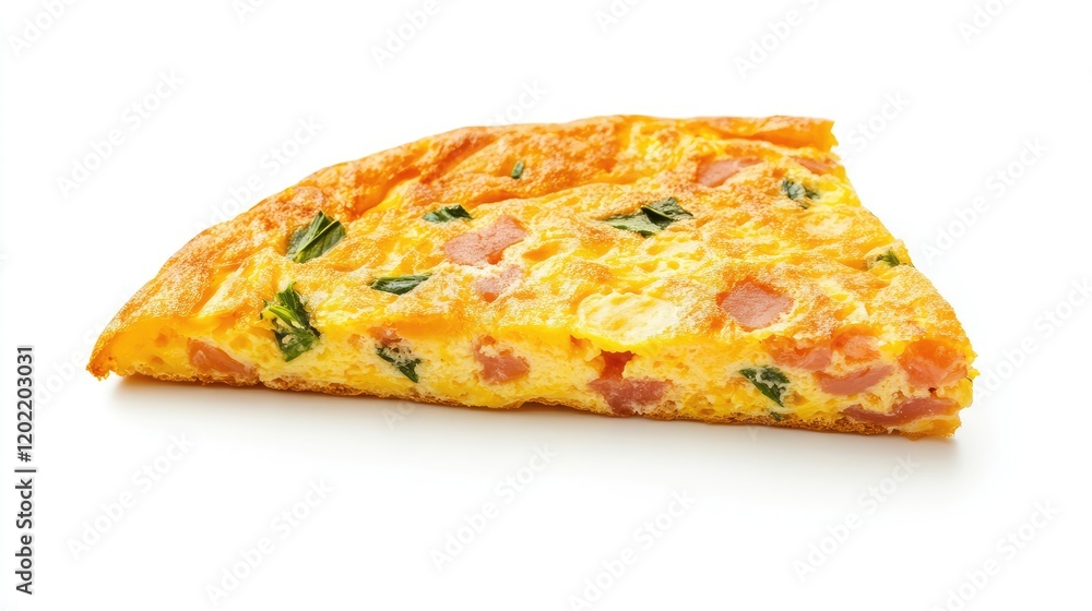 Poster slice of vegetable and ham frittata on a white background with copy space