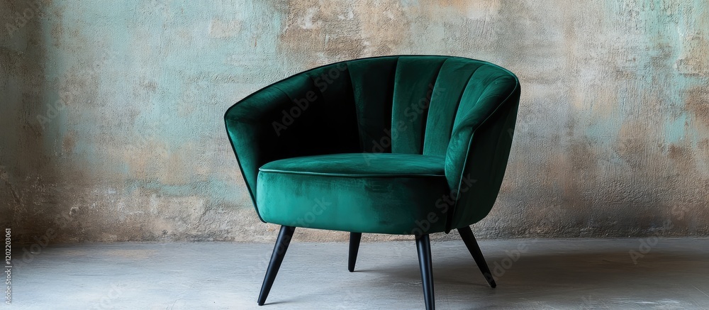 Poster modern green plush accent chair on minimalist background with copy space for text.