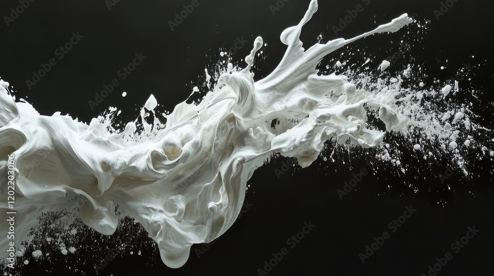 Poster Abstract splash of white paint or liquid against a dark background with dynamic movement and Copy Space for text placement