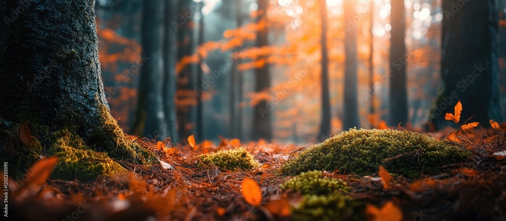 Fototapete autumn forest with sunlight filtering through trees creating a warm atmosphere featuring colorful le