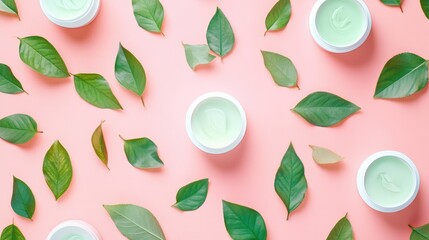 Green skincare cream in white jars surrounded by fresh green leaves on a pink background with Copy Space