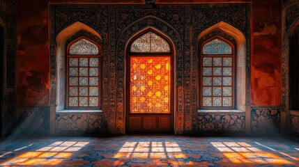 Obraz premium Sunlit Palace Interior Persian Architecture, Ornate Windows, Historical Room, Design