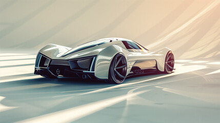 A modern car with vivid highlights and shadows on a white surface.