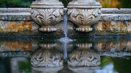 Elegant stone fountain with classical design details reflecting in still water surface surrounded by greenery Copy Space