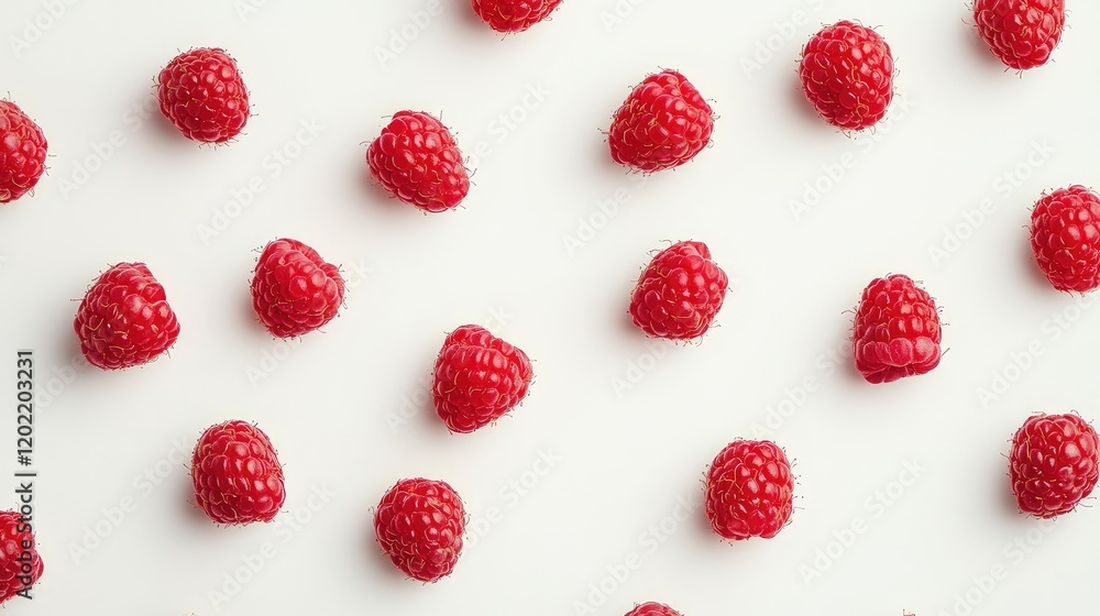 Poster fresh raspberries on white background with copy space for text placement