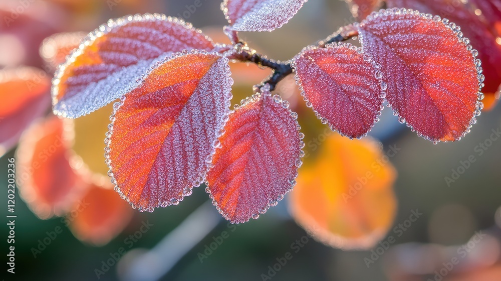 Aufkleber Frosted autumn leaves with water droplets on branch macro image with blurred background and copy space for text