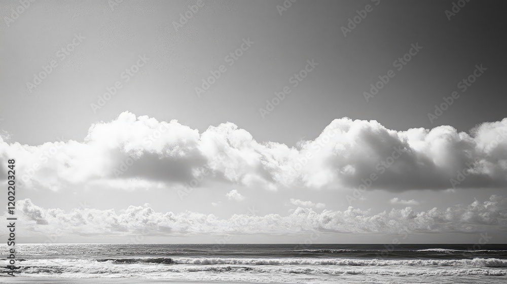 Aufkleber black and white landscape of tranquil ocean waves beneath a cloud-filled sky with copy space for tex