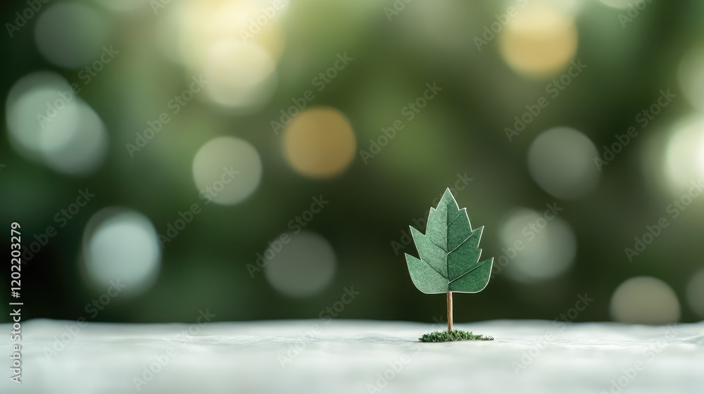 Aufkleber Small paper tree with green leaves on blurred bokeh background with copy space for text or design elements.