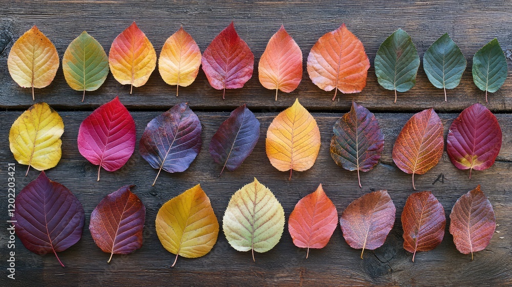 Poster colorful autumn leaves arranged in rows on wooden background with natural textures and copy space fo