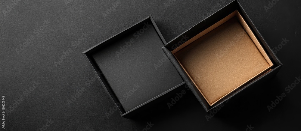 Poster open black and brown gift boxes isolated on dark surface with copy space for text or branding